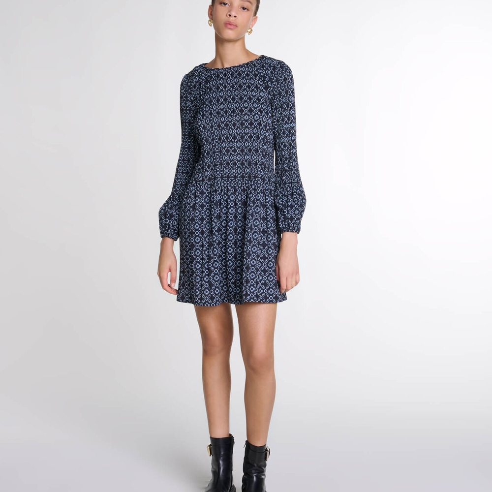 Maje Navy Geometric Long Sleeve Dress